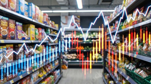 Grocery store shelf with stock market financial graph and retail sales candlestick chart overlay. Concept of supermarket price inflation, food economy index and consumer commerce trends.