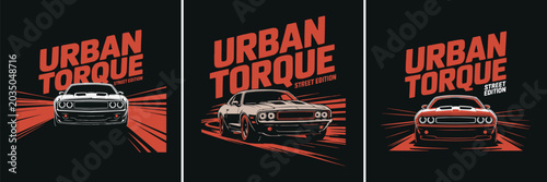 Three graphic designs featuring muscle cars with stylized urban text lettering
