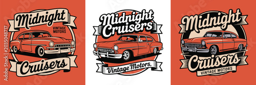 Fotografi Vintage motor car emblems featuring retro classic midnight cruiser designs