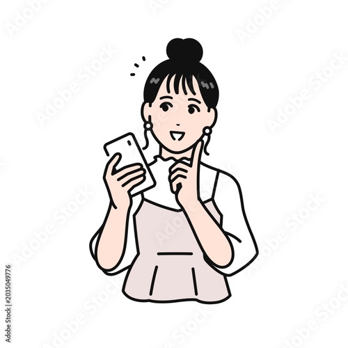 笑顔でスマートフォンを持つまとめ髪の若い女性のシンプルなベクターイラスト素材