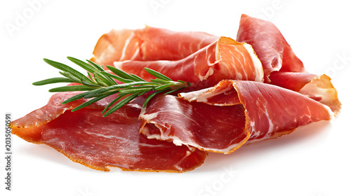 Set of Parma Ham, Prosciutto, Fermented, Processed Cured Meat isolated on a white background