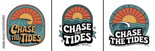 Retro style ocean wave illustrations featuring the text chase the tides