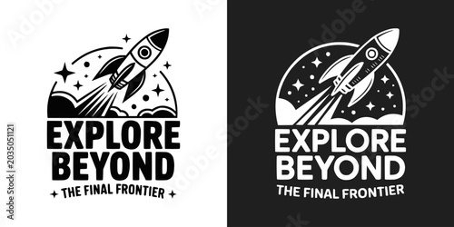 Foto Rocket ship flying into space with bold explore beyond text