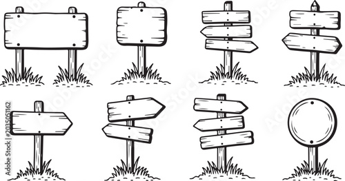 Hand drawn wooden signpost collection, rustic wood directional signs in grass, 8 vintage timber road indicators, sketch style billboard vector