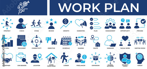 Work Plan icon set collection. Containing partner, connectivity, review, sharing, inspection, opportunity, decision .Solid vector icons collection
