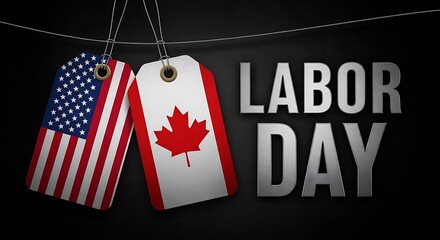 Labor day celebration with usa and canada flag tags on clothesline