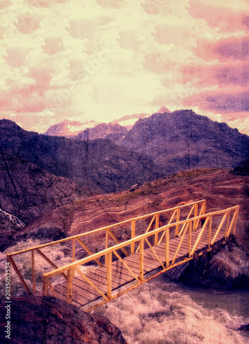 Sondrio, Lombardy, Italy, Europe: graphic reworking in burned negative style of an iron bridge on the creek along the path to the Fellaria glacier in Valmalenco
