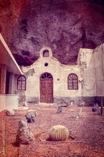 Tenerife, Canary Islands, Spain: an abandoned church on the pebble and black-sand beach of Playa de Los Roques in Los Roques de Fasnia coastal village 
