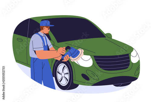 Car detailing worker polishing auto vehicle headlight with electric buffer to...
