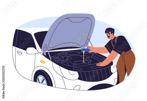 Mechanic pouring engine oil into car with open hood. Auto lube changing, flui...