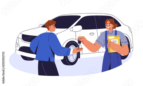 Mechanic handing car keys to customer after completed repair service. Profess...