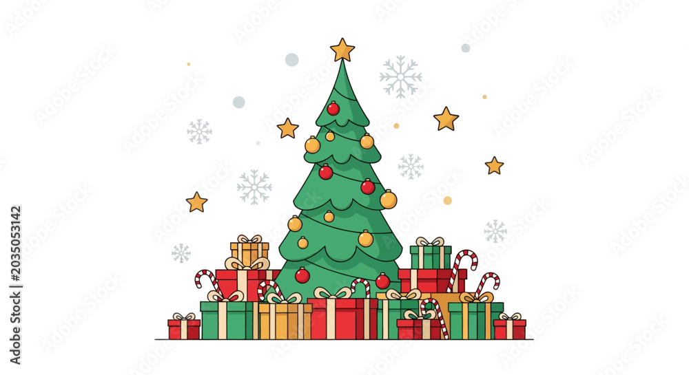 Naklejka premium Elegant Minimalist Christmas Tree With Red and Gold Ornaments Surrounded by Gift Boxes Candy Canes and Floating Golden Stars