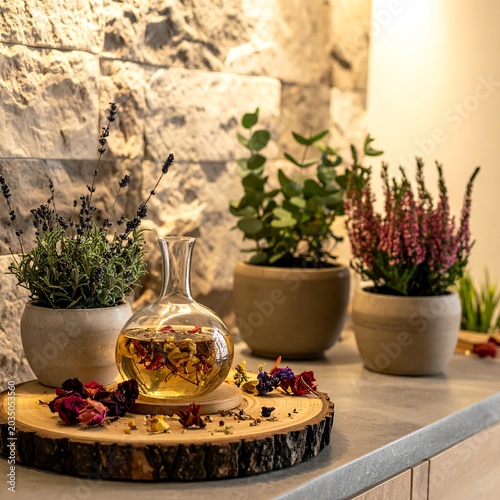 Warm Rustic Herbal Infusion Displayed on Wooden Slice in Cozy Kitchen Corner