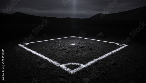 Minimalist sport field outline night dark landscape white penalty line geometric square shape glowing border moody atmosphere surreal pitch abstract ground art