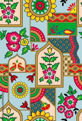 Foto Seamless traditional Indian patchwork pattern with Mughal-inspired floral arches, mandalas, and geometric borders