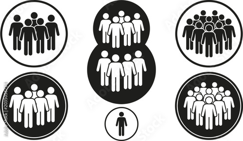Canvas Print business people silhouette icon set featuring professional team groups and community crowds in circular badges plus a single individual for corporate leadership concepts
