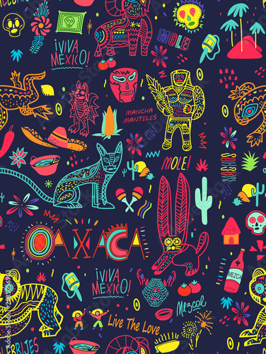 Seamless Mexican folk art pattern with vibrant neon Alebrijes, skulls, and doodle elements on dark background.