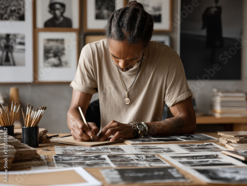 Artist studio drawing sketch pencil portfolio juneteenth celebration planning with focused artist drawing sketch studio workspace surrounded by