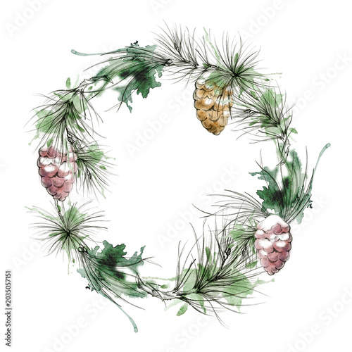 Foto Rustic snowy pinecones, evergreen needle twigs woodland style festive Christmas frame