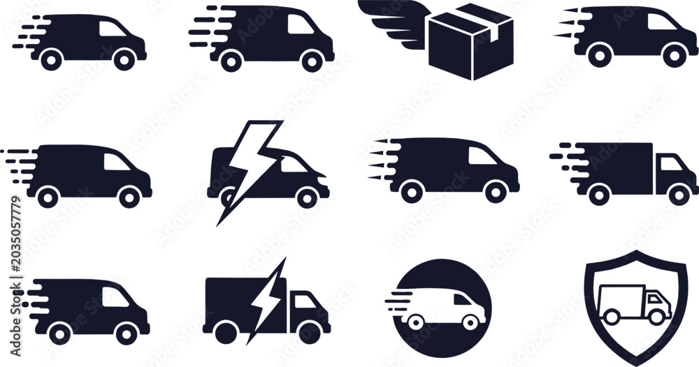 Naklejka premium Fast delivery service icon set with van, truck, shipping box, bolt, shield, and motion lines for logistics and express courier branding.