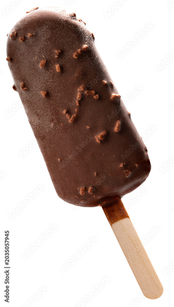 Fototapeta premium Chocolate almond ice cream bar on stick isolated on white background. Premium frozen dessert, crunchy nutty coating gourmet treat. Studio shot with clipping path.PNG File.