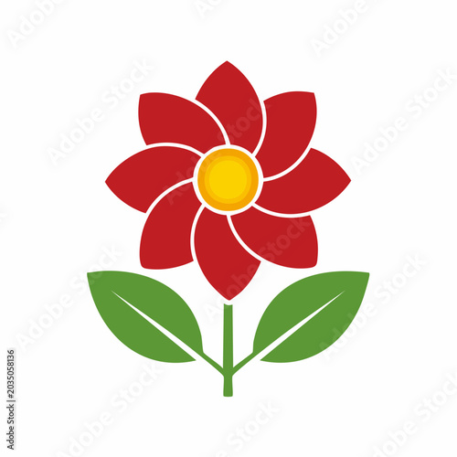 Stylized Red Flower with Green Leaves