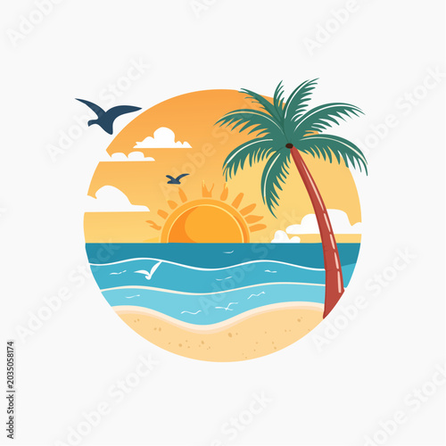 Tropical Beach Sunset with Palm Tree and Seagulls