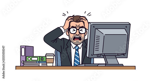 Billede på lærred Frustrated businessman at office desk with computer, stress and confusion concep