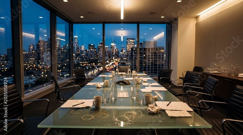 office environment, an empty conference room with chairs askew and coffee stains at dusk