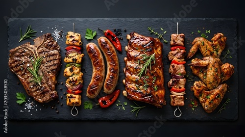 Grilled meats and vegetables on a slate board
