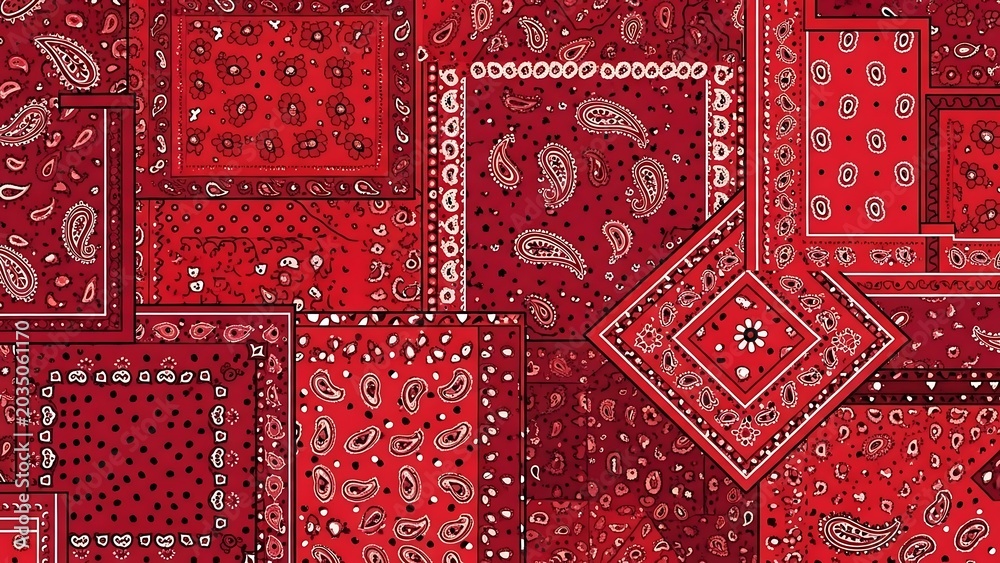 Obraz premium Red bandana patchwork pattern with paisley and floral motifs