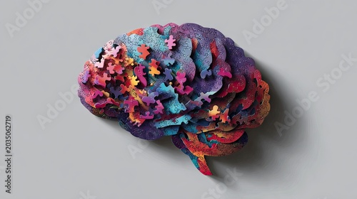 Layered purple and blue jigsaw puzzle brain profile.