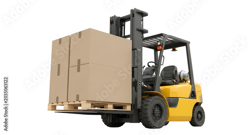 Yellow forklift truck carrying a pallet with boxes as isolated object