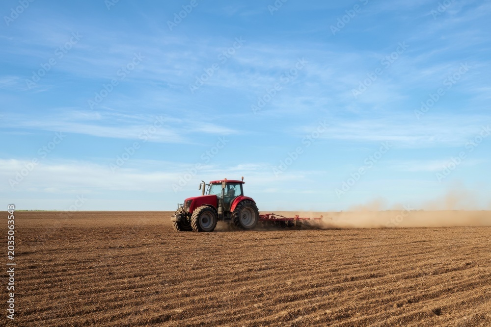 Fototapeta premium The Tractor Working Across a Vast Plowed Field Under a Clear Blue Sky