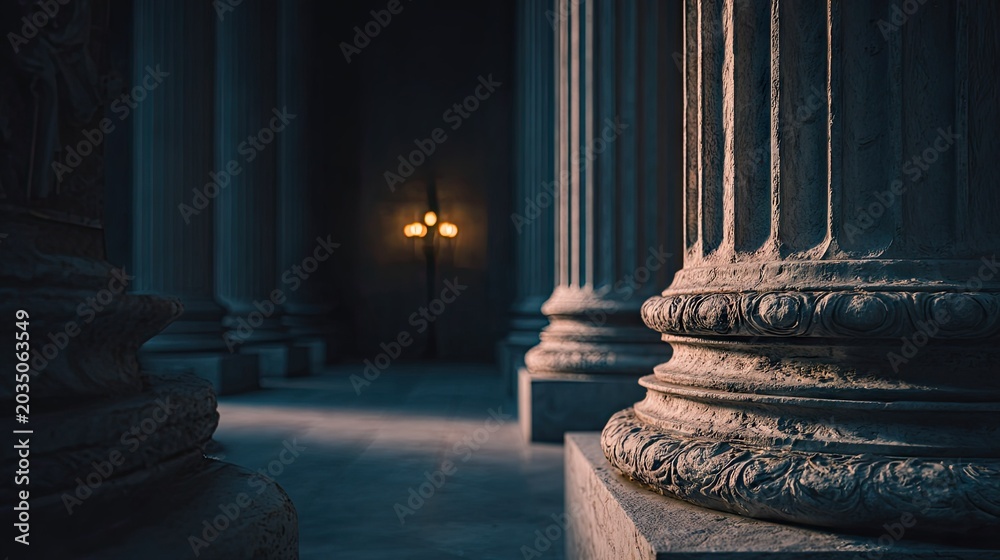 Naklejka premium Long hall of columns with warm distant light.