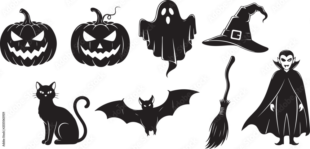 Fototapeta premium Halloween icons, black silhouette set, spooky symbols, 7 vector graphics