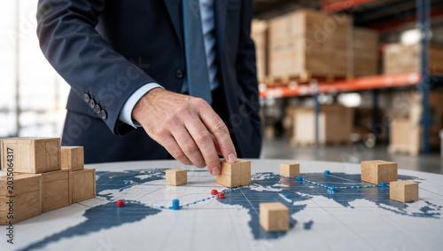supply chain management logistics risk management. Businessman placing wooden blocks on a world map in a warehouse, symbolizing global logistics and supply chain management.