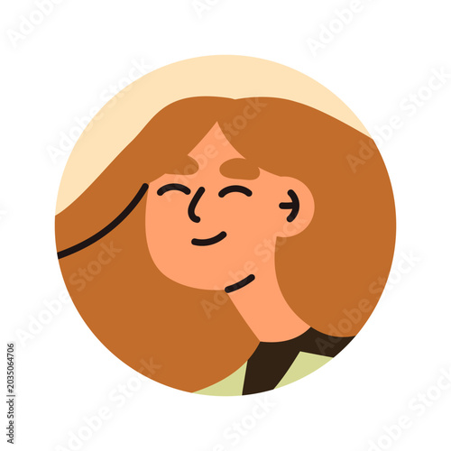 Happy young woman with calm smile, eyes closed, enjoying, face avatar. Female...
