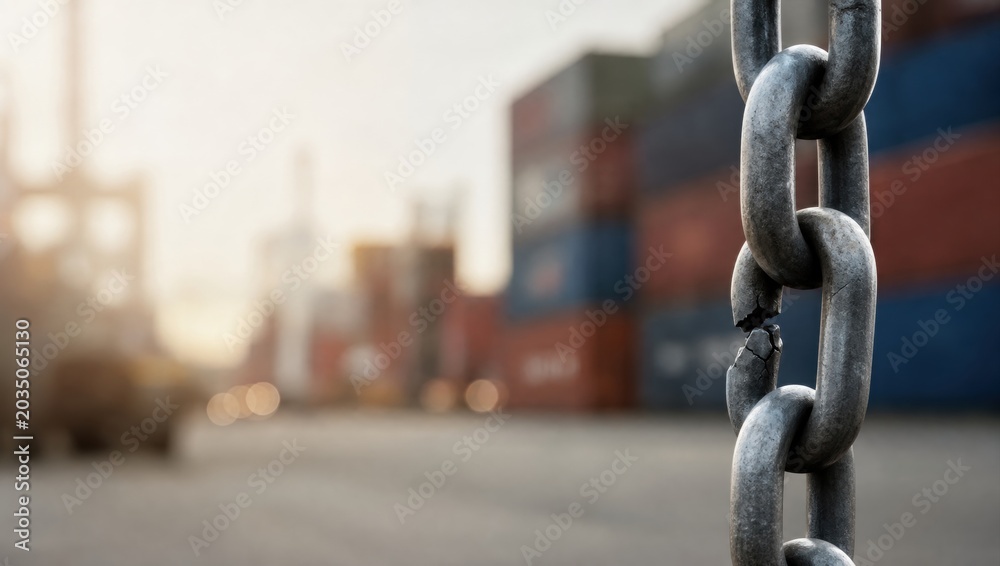 Naklejka premium supply chain management logistics risk management. Close-up of a heavy metal chain with blurred shipping containers in the background at a port.