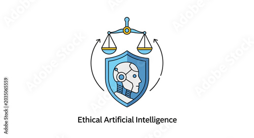 Robot head with blue shield symbol.