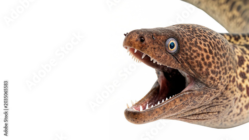 Foto Wild predatory brown moray eel head portrait looking alertly with open mouth in