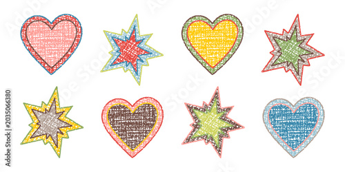 Playful hand-drawn crayon hearts and stars with textured doodles.