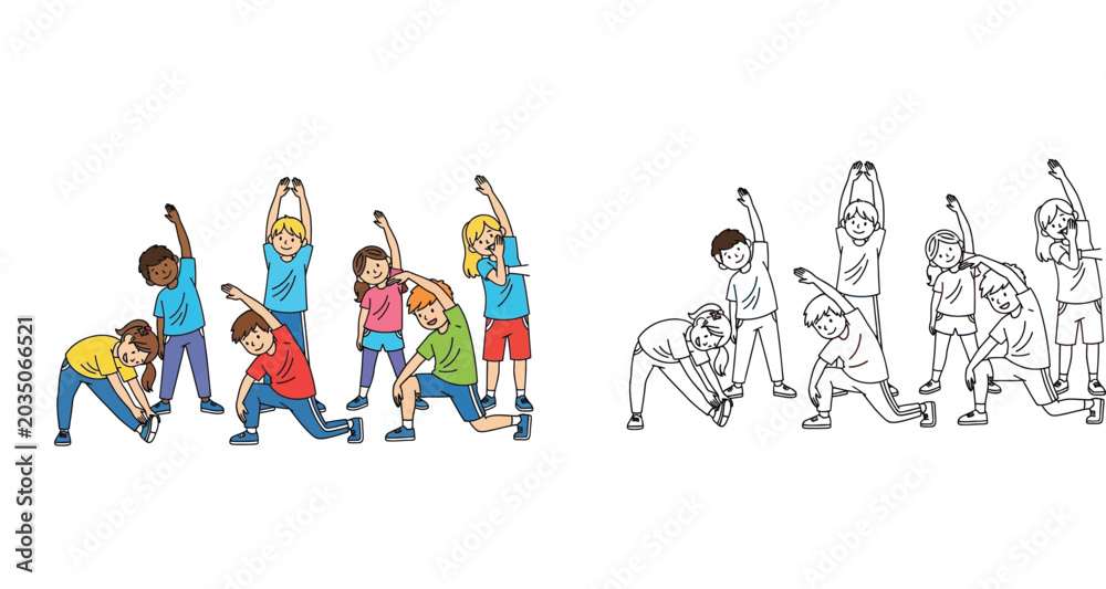 Fototapeta premium Diverse Group of Children Doing Stretching Exercises and Warm-up Routine, Set of Color and Line Art Vector Illustrations for Coloring Book and Physical Education
