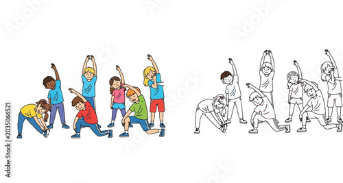Obraz na płótnie Diverse Group of Children Doing Stretching Exercises and Warm-up Routine, Set of