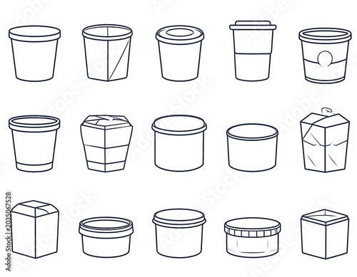 Minimal Outline Food Container Set Arranged in Three Row Grid on White Background
