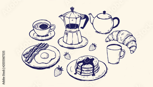 Breakfast still life coffee croissant pancakes and eggs in a sketch style