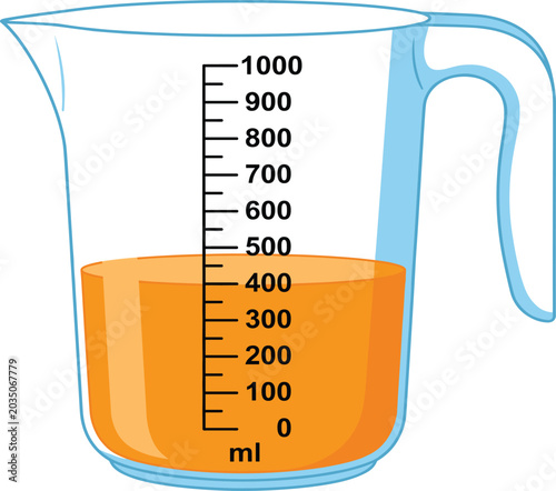 Foto Plastic measuring cup filled with orange liquid up to four hundred milliliters i