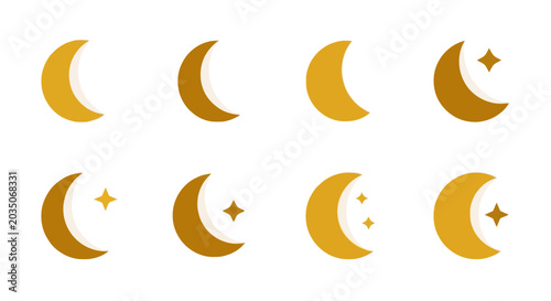Obraz na płótnie Golden Crescent Moon Phases with Stars Icons Set