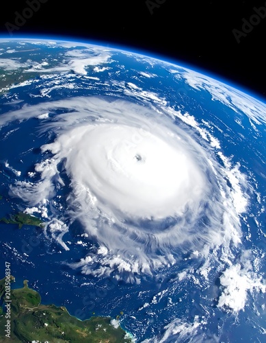 A satellite view of a large hurricane over the ocean near a continent