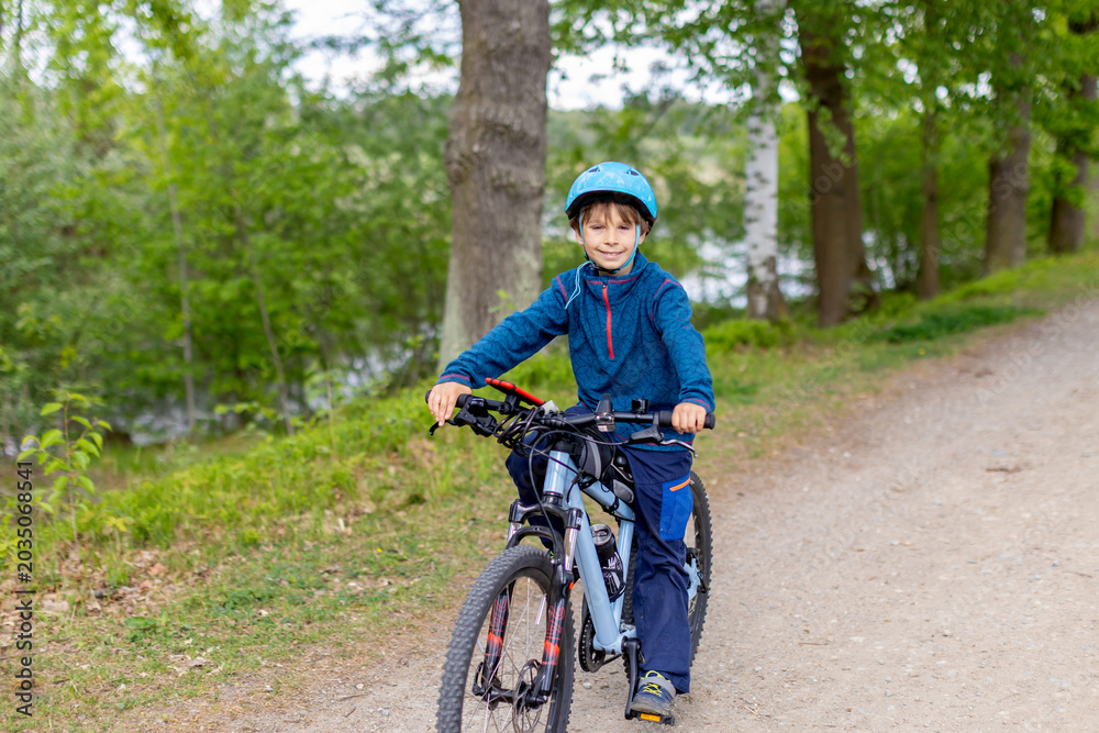 Fototapeta premium Happy children, boys, riding bikes together in a beautiful czech ruralside summer time